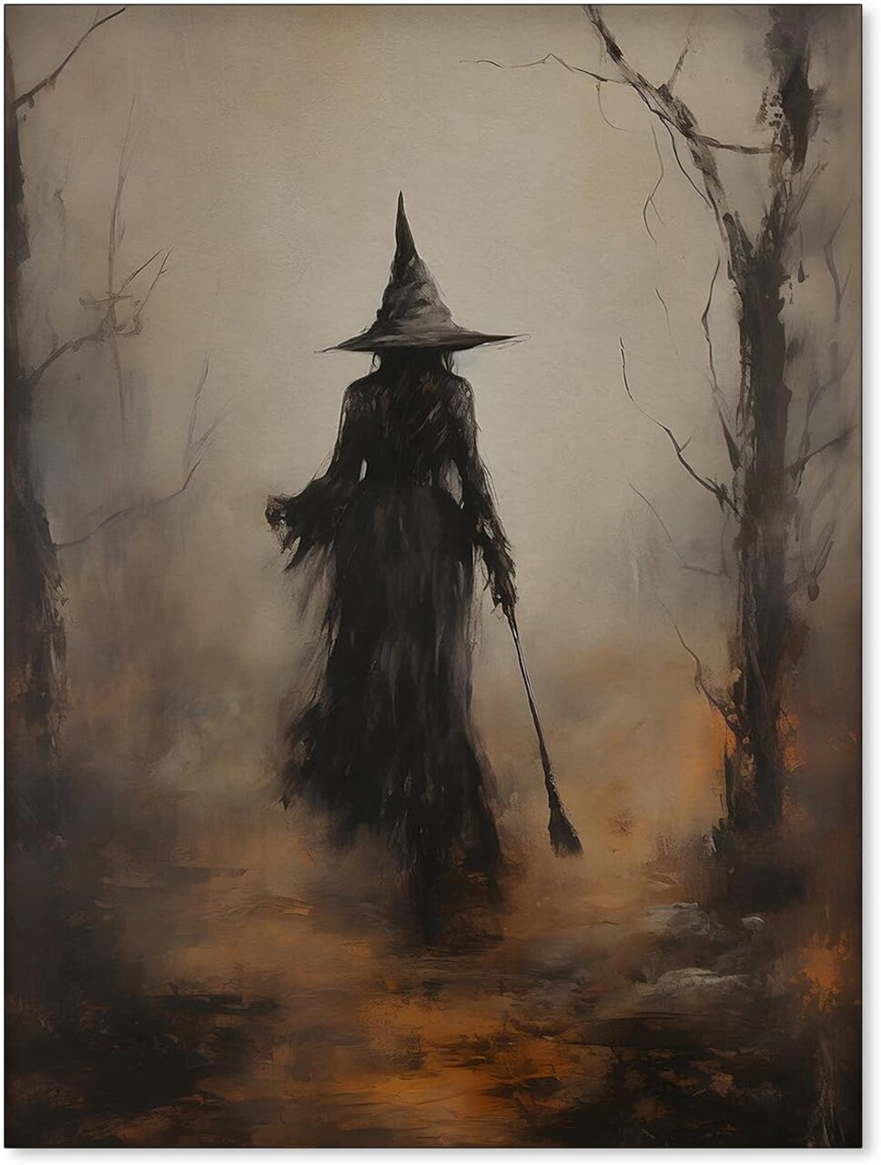 Vintage Rustic Witch Posters – Halloween Canvas Wall Art, Witch in the Forest Painting Prints, Goth Dark Moody Wall Decor, 12x16 Inch, Unframed